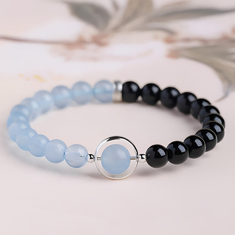 Buddha Stones Bracelet de purification de paix en aigue-marine et obsidienne noire - Bracelet à un seul tour (Tour de poignet : 14-15 cm) - image 0