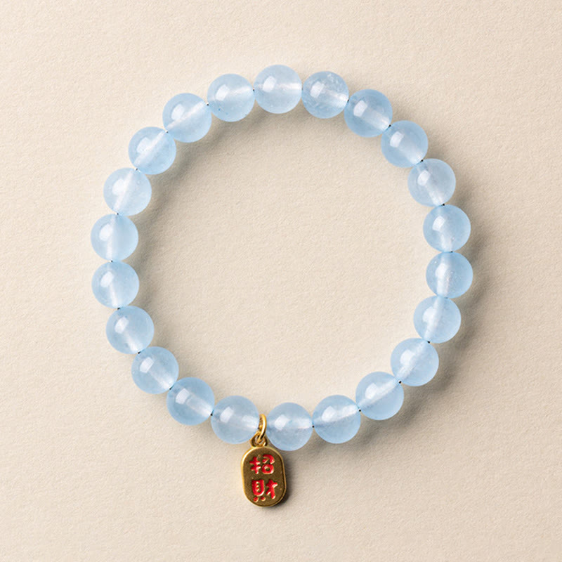 Buddha Stones Bracelet porte-bonheur et de guérison en aigue-marine naturelle à l'effigie du personnage Fu - Aigue-marine 8 mm, porte-bonheur (Tour de poignet : 14-15 cm) - image 6