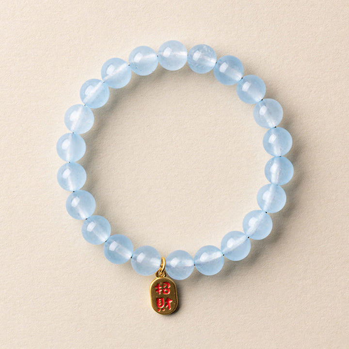 Buddha Stones Bracelet porte-bonheur et de guérison en aigue-marine naturelle à l'effigie du personnage Fu - Aigue-marine 8 mm, porte-bonheur (Tour de poignet : 14-15 cm) - image 6