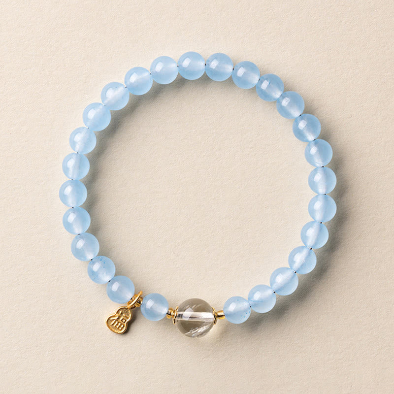 Buddha Stones Bracelet porte-bonheur et de guérison en aigue-marine naturelle à l'effigie du personnage Fu - Cristal blanc aigue-marine 6 mm (Tour de poignet : 14-15 cm) - image 7