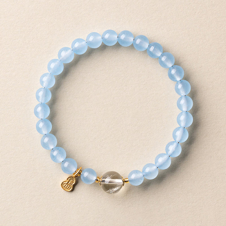 Buddha Stones Bracelet porte-bonheur et de guérison en aigue-marine naturelle à l'effigie du personnage Fu - Cristal blanc aigue-marine 6 mm (Tour de poignet : 14-15 cm) - image 7
