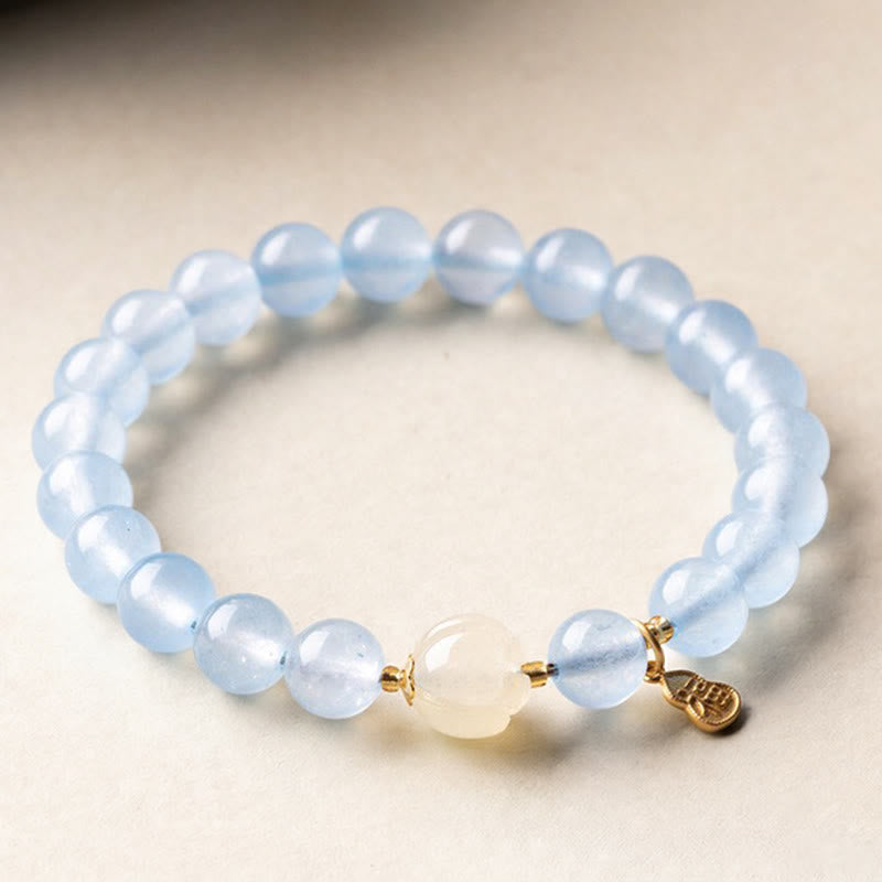 Buddha Stones Bracelet porte-bonheur et de guérison en aigue-marine naturelle à l'effigie du personnage Fu - Morganite aigue-marine 8 mm (Tour de poignet : 14-15 cm) - image 0