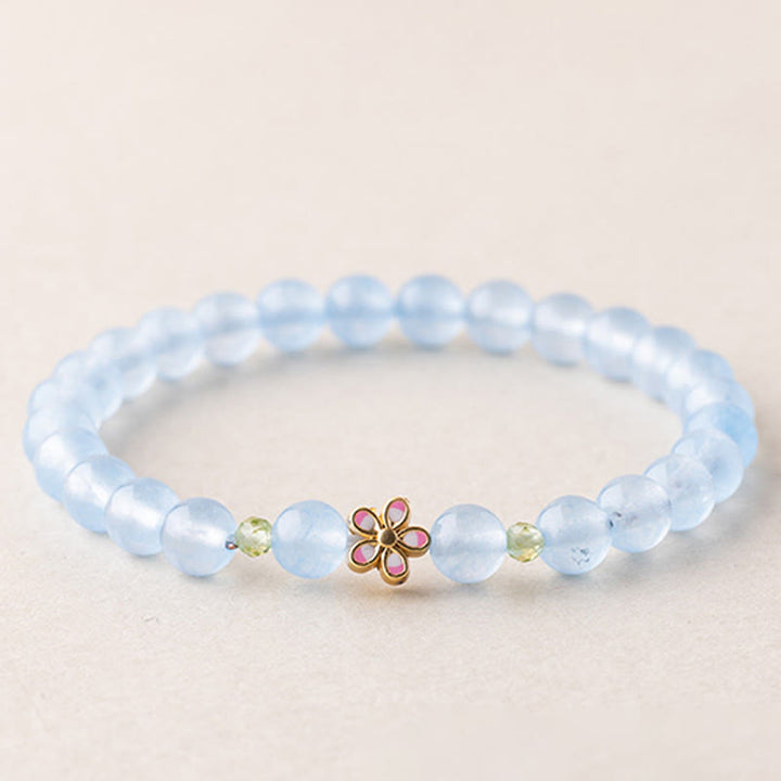Buddha Stones Bracelet de guérison en cuivre plaqué or et aigue-marine naturelle, orné d'une fleur - Aigue-marine (Tour de poignet : 15-16 cm) - image 0
