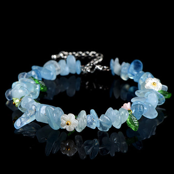 Buddha Stones Bracelet Sérénité en aigue-marine naturelle, péridot, quartz fraise et divers cristaux - Feuille Verte Aquamarine (Tour de poignet : 15-20 cm) - image 0