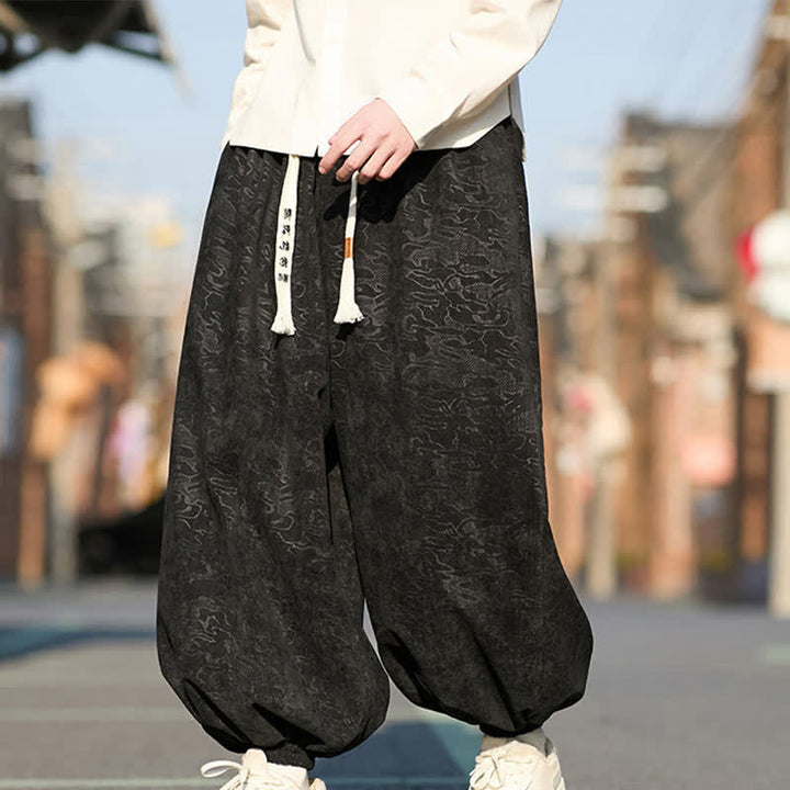 Buddha Stones Pantalon harem pour homme en jacquard noir avec cordon de serrage et poignets élastiques, doté de poches - image 1