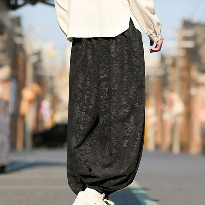 Buddha Stones Pantalon harem pour homme en jacquard noir avec cordon de serrage et poignets élastiques, doté de poches - image 5