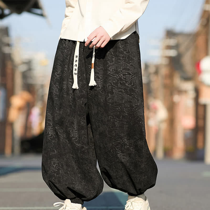 Buddha Stones Pantalon harem pour homme en jacquard noir avec cordon de serrage et poignets élastiques, doté de poches - image 1
