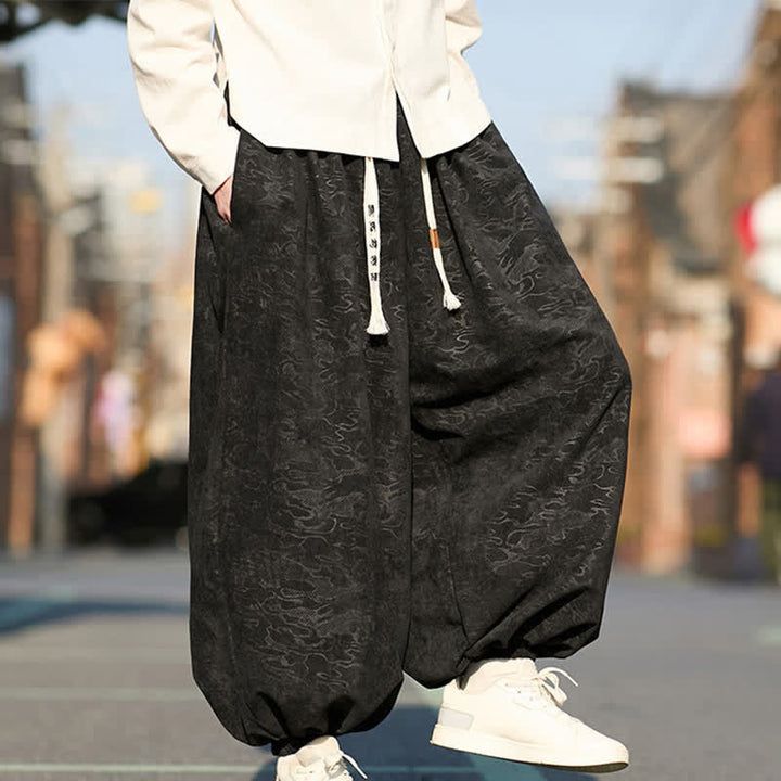 Buddha Stones Pantalon harem pour homme en jacquard noir avec cordon de serrage et poignets élastiques, doté de poches - image 7