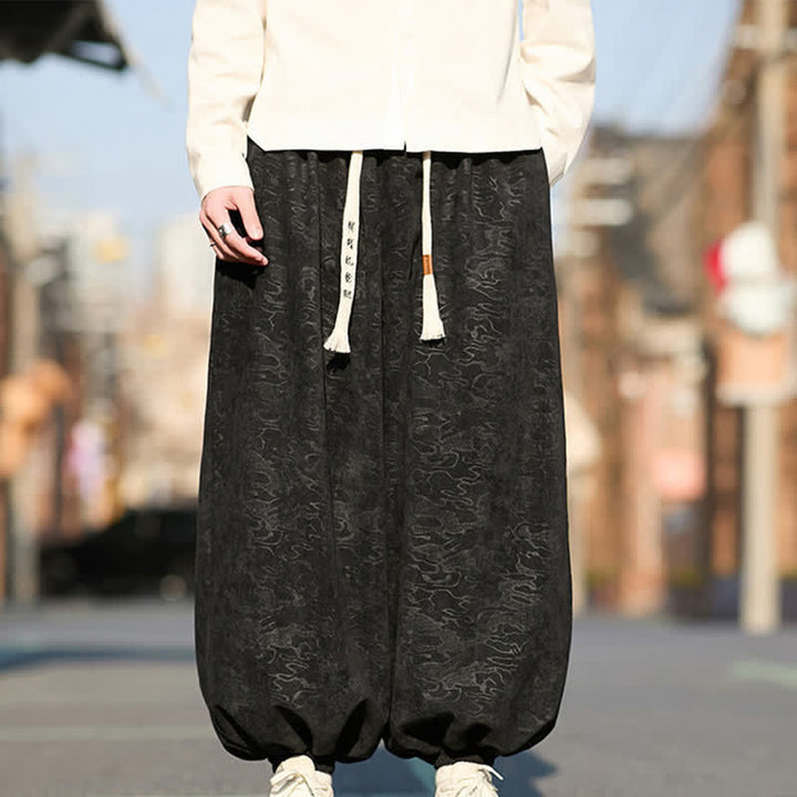 Buddha Stones Pantalon harem pour homme en jacquard noir avec cordon de serrage et poignets élastiques, doté de poches - image 0
