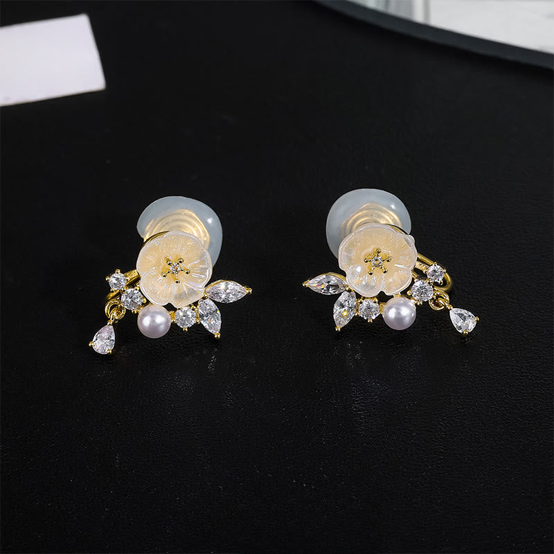 Buddha Stones Boucles d'oreilles à clip en cuivre avec zircon et rose blanche, porte-bonheur, ornées de clous d'oreilles pendantes. - Boucles d'oreilles à clip - image 7