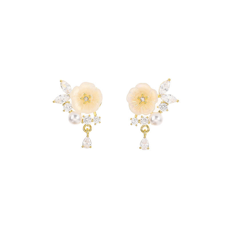 Buddha Stones Boucles d'oreilles à clip en cuivre avec zircon et rose blanche, porte-bonheur, ornées de clous d'oreilles pendantes. - image 5
