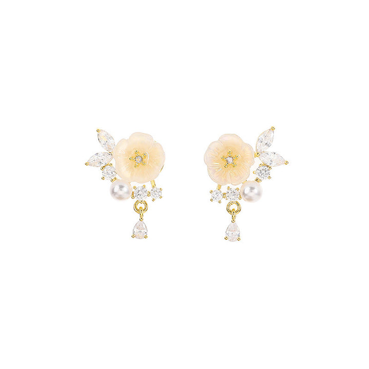 Buddha Stones Boucles d'oreilles à clip en cuivre avec zircon et rose blanche, porte-bonheur, ornées de clous d'oreilles pendantes. - image 5