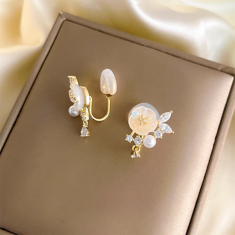 Buddha Stones Boucles d'oreilles à clip en cuivre avec zircon et rose blanche, porte-bonheur, ornées de clous d'oreilles pendantes. - image 8