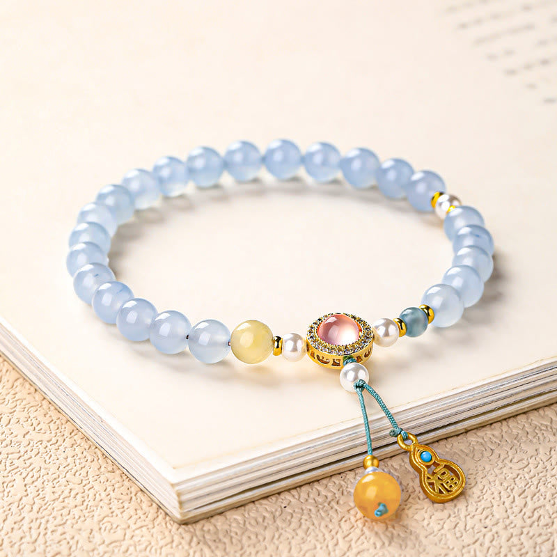 Buddha Stones Bracelet de guérison en calcédoine bleue avec motif patte de chat Fu - Personnage Fu (Tour de poignet : 14-15 cm) - image 4