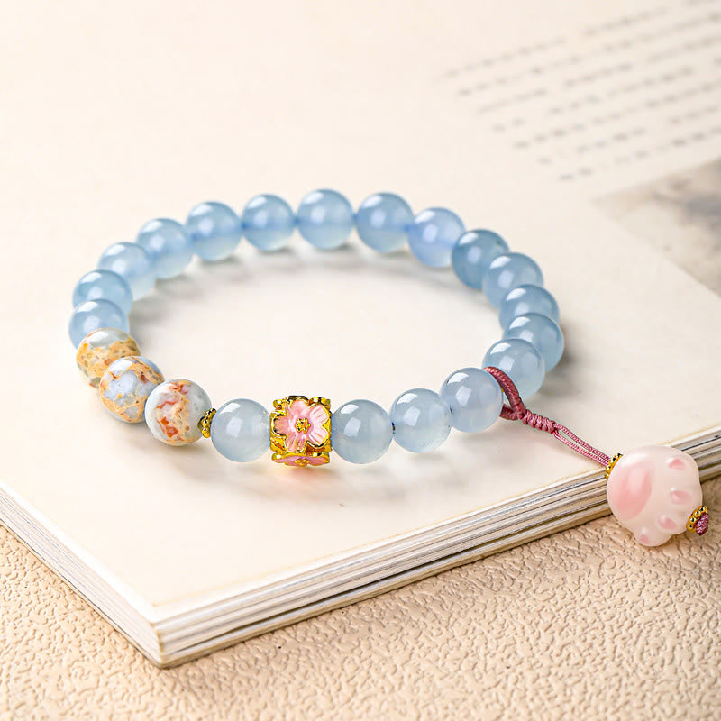 Buddha Stones Bracelet de guérison en calcédoine bleue avec motif patte de chat Fu - image 1