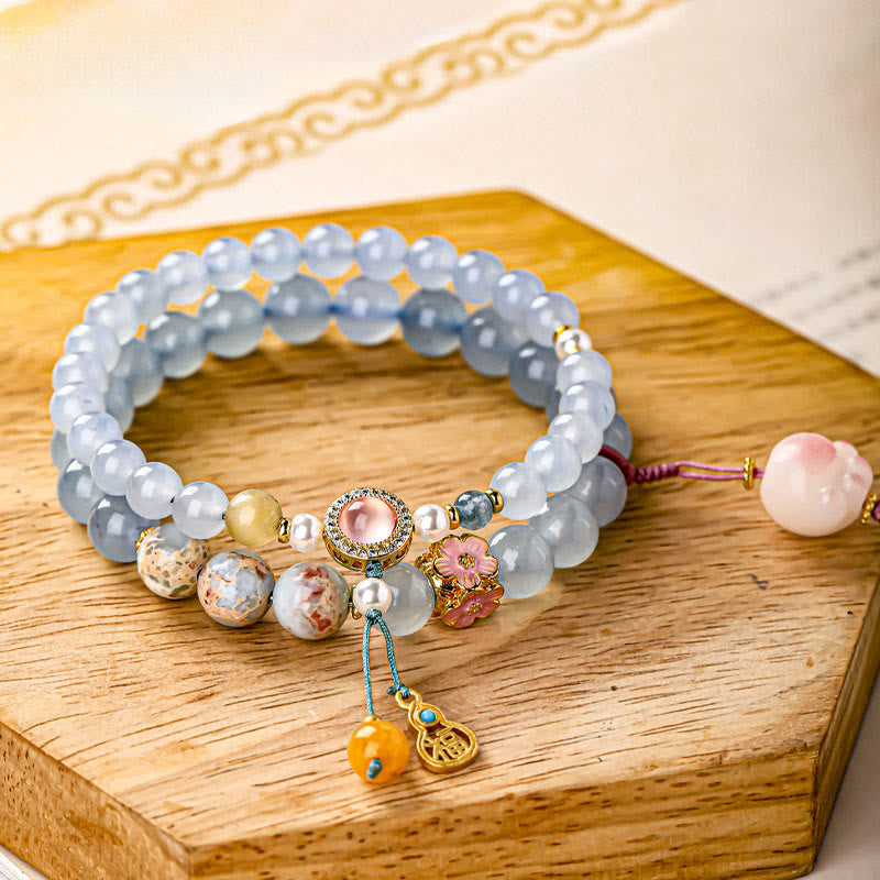Buddha Stones Bracelet de guérison en calcédoine bleue avec motif patte de chat Fu - Patte de chat (Tour de poignet : 14-15 cm) - image 0