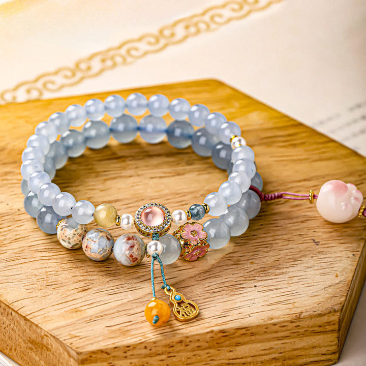 Buddha Stones Bracelet de guérison en calcédoine bleue avec motif patte de chat Fu - Patte de chat (Tour de poignet : 14-15 cm) - image 0