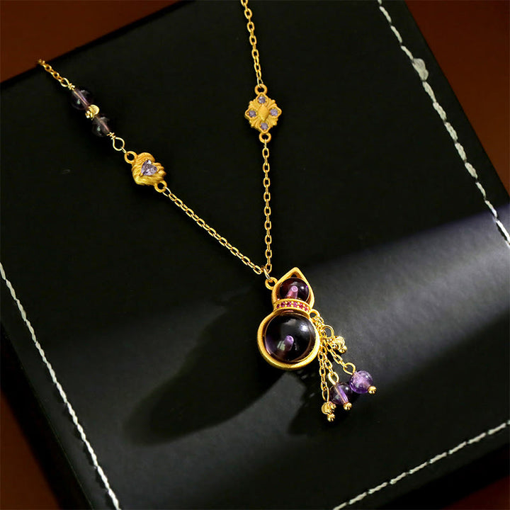 Buddha Stones Collier de méditation avec pendentif en cuivre, pompon en forme de gourde et améthyste. - image 0