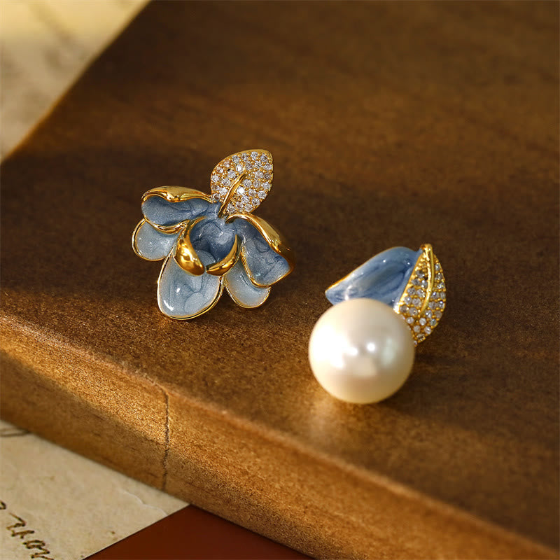 Buddha Stones Boucles d'oreilles puces en cuivre et zircon, motif camélia, porte-bonheur - Bleu - image 0