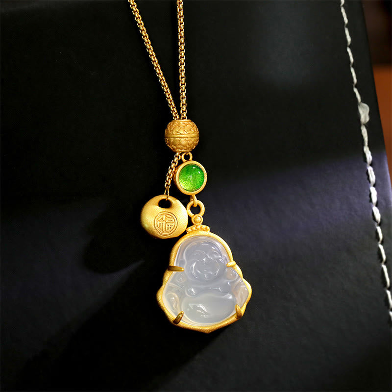 Buddha Stones Collier pendentif en calcédoine et cuivre représentant le Bouddha rieur (personnage Fu) - Porte-bonheur - Bouddha rieur (Dimensions : environ 4,5 x 2 cm) - image 0