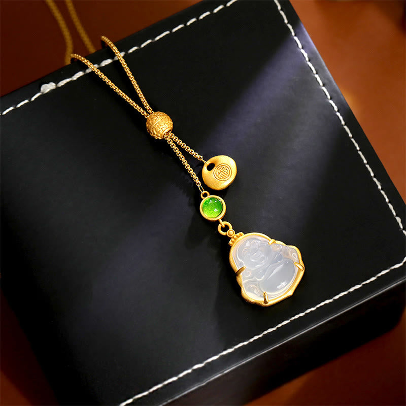 Buddha Stones Collier pendentif en calcédoine et cuivre représentant le Bouddha rieur (personnage Fu) - Porte-bonheur - image 1