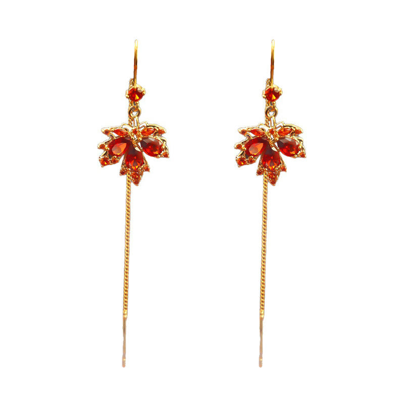 Buddha Stones Boucles d'oreilles pendantes en cuivre avec zircon rouge et feuille d'érable, porte-bonheur - image 5