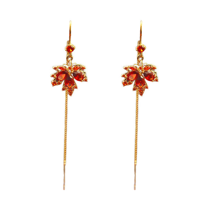 Buddha Stones Boucles d'oreilles pendantes en cuivre avec zircon rouge et feuille d'érable, porte-bonheur - image 5