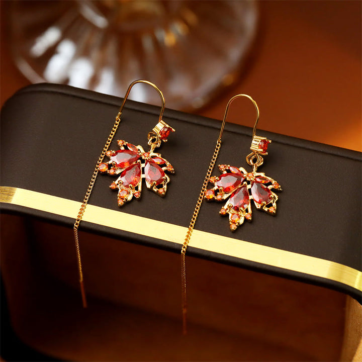 Buddha Stones Boucles d'oreilles pendantes en cuivre avec zircon rouge et feuille d'érable, porte-bonheur - image 1