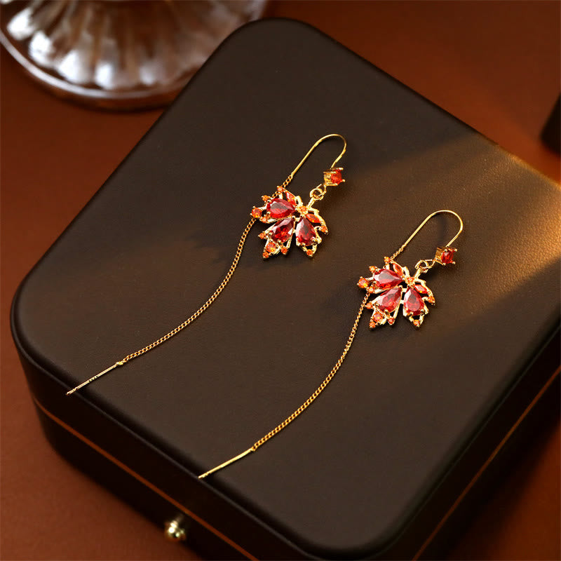 Buddha Stones Boucles d'oreilles pendantes en cuivre avec zircon rouge et feuille d'érable, porte-bonheur - image 4