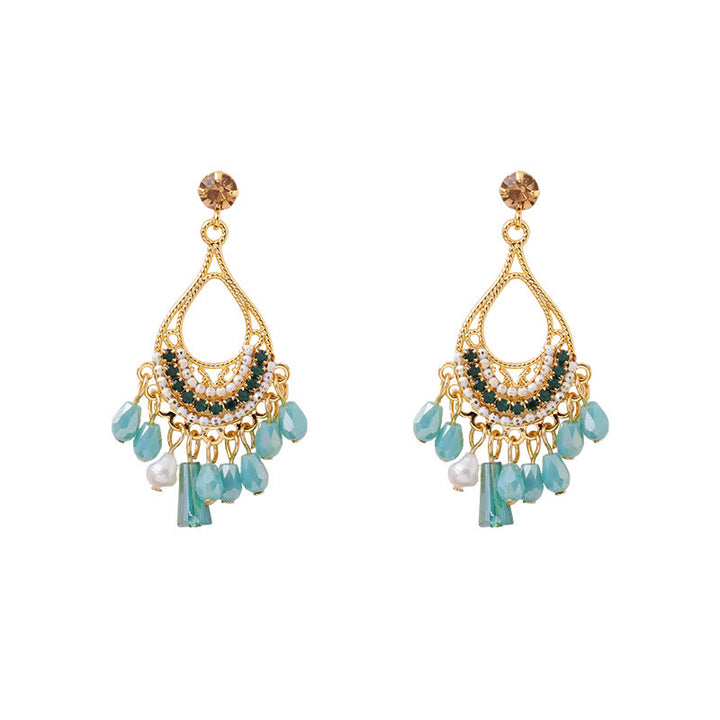 Buddha Stones Boucles d'oreilles pendantes en cuivre ajouré avec pompon en forme de larme, idéales pour prendre soin de soi - image 4