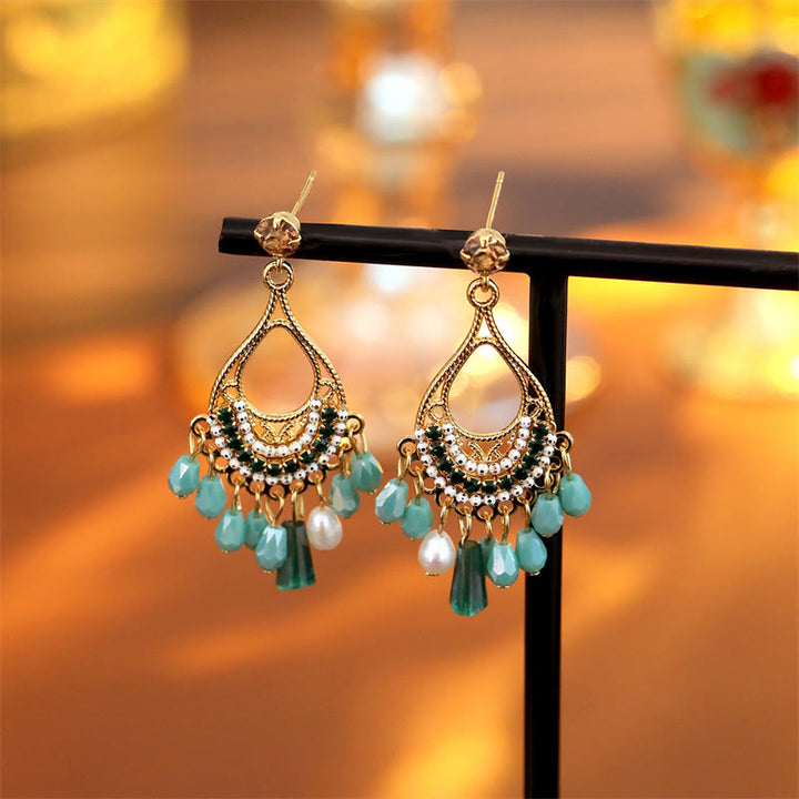Buddha Stones Boucles d'oreilles pendantes en cuivre ajouré avec pompon en forme de larme, idéales pour prendre soin de soi - Tige en forme de larme (en argent sterling 925) - image 0