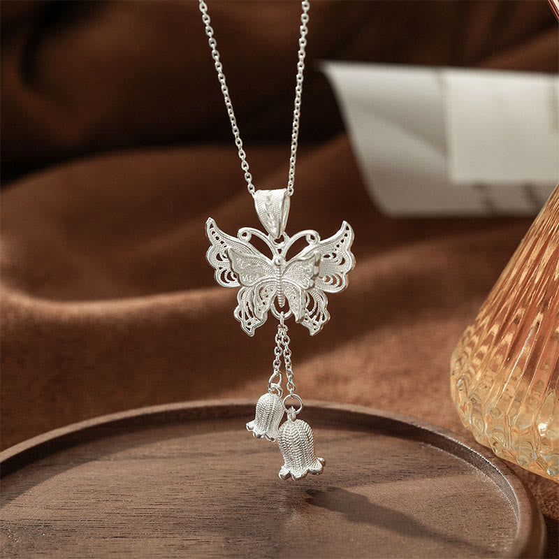 Buddha Stones Collier pendentif papillon en argent sterling 999, motif muguet et liberté - Argent sterling 999 - image 0