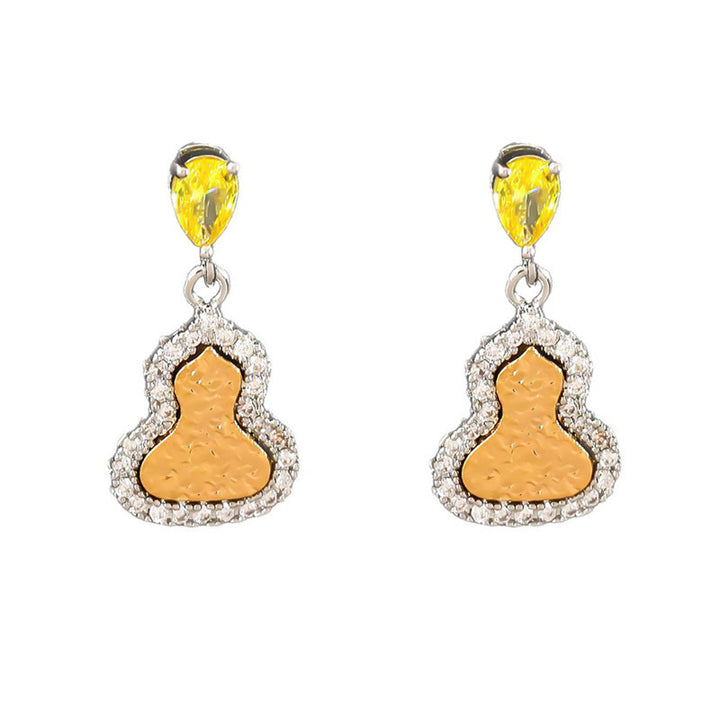 Buddha Stones Boucles d'oreilles puces en cuivre et zircon doré, symbole de richesse, en forme de gourde. - image 6