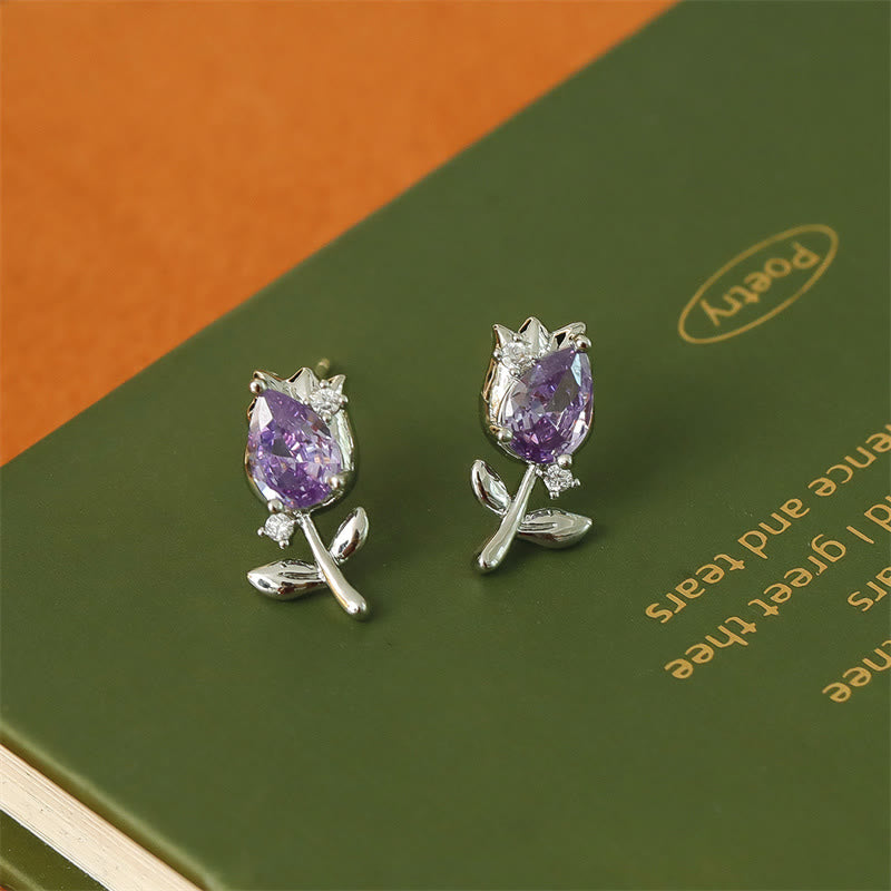 Buddha Stones Boucles d'oreilles puces en cuivre avec zircon rose et violet en forme de tulipe et de tulipe, pour une guérison optimale. - Tulipes violettes (tiges en argent sterling 925) - image 5