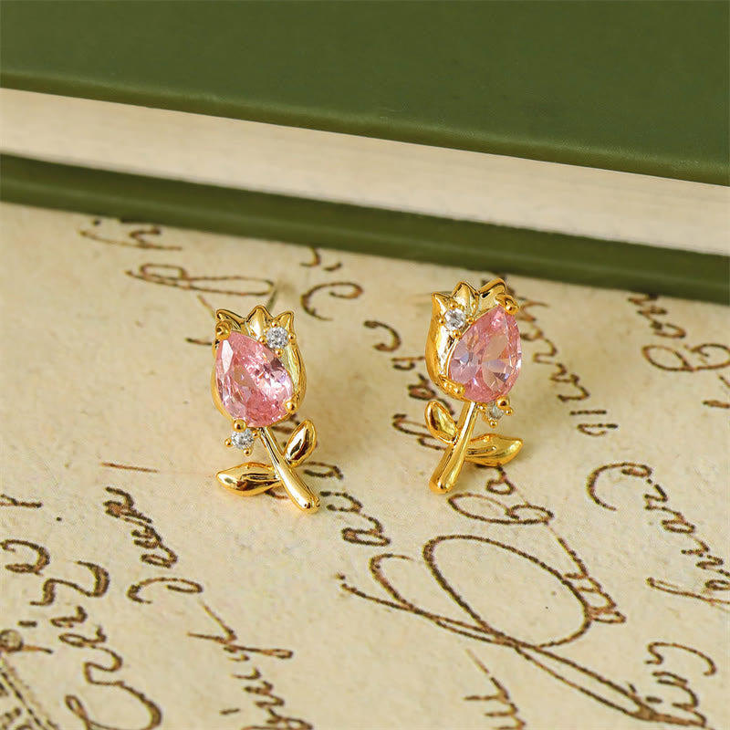 Buddha Stones Boucles d'oreilles puces en cuivre avec zircon rose et violet en forme de tulipe et de tulipe, pour une guérison optimale. - Tulipes roses (tiges en argent sterling 925) - image 1