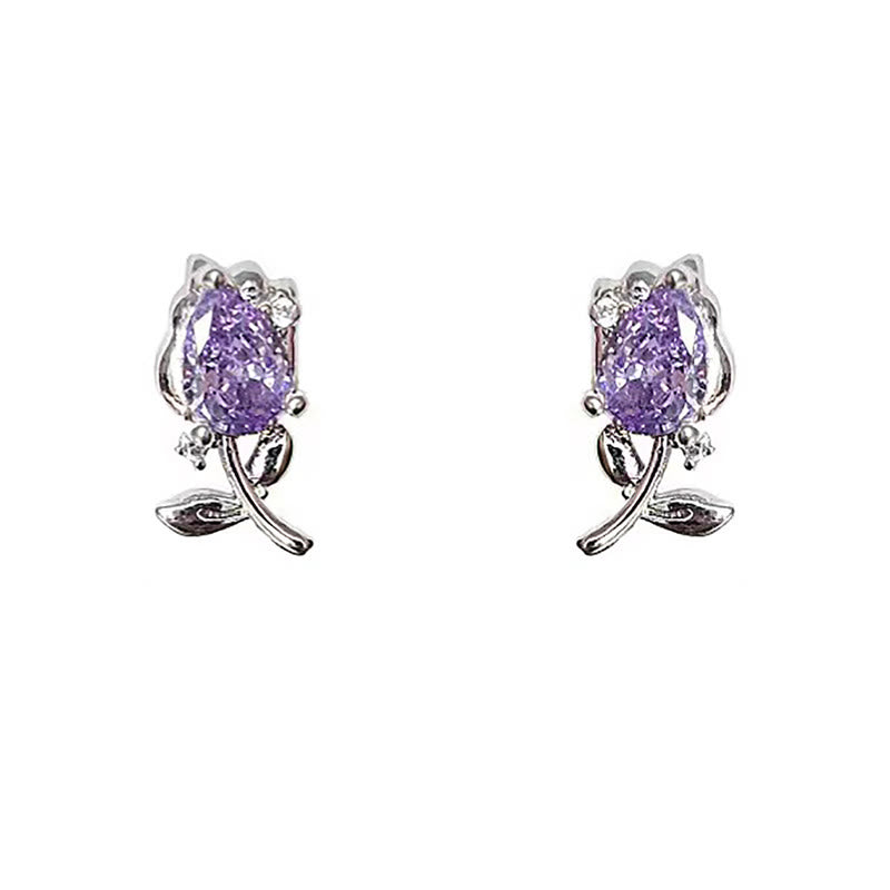 Buddha Stones Boucles d'oreilles puces en cuivre avec zircon rose et violet en forme de tulipe et de tulipe, pour une guérison optimale. - image 6