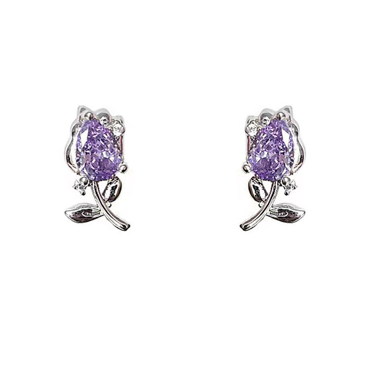 Buddha Stones Boucles d'oreilles puces en cuivre avec zircon rose et violet en forme de tulipe et de tulipe, pour une guérison optimale. - image 6