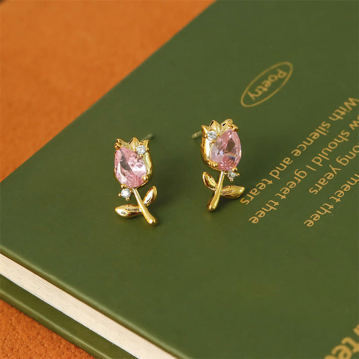 Buddha Stones Boucles d'oreilles puces en cuivre avec zircon rose et violet en forme de tulipe et de tulipe, pour une guérison optimale. - image 2