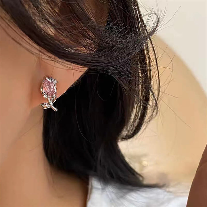 Buddha Stones Boucles d'oreilles puces en cuivre avec zircon rose et violet en forme de tulipe et de tulipe, pour une guérison optimale. - image 3
