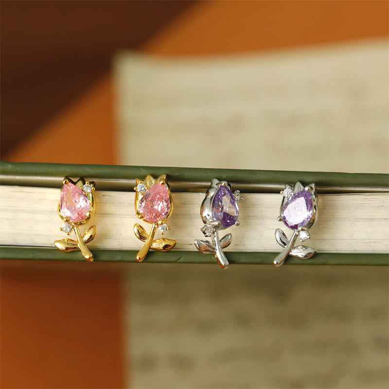 Buddha Stones Boucles d'oreilles puces en cuivre avec zircon rose et violet en forme de tulipe et de tulipe, pour une guérison optimale. - image 0