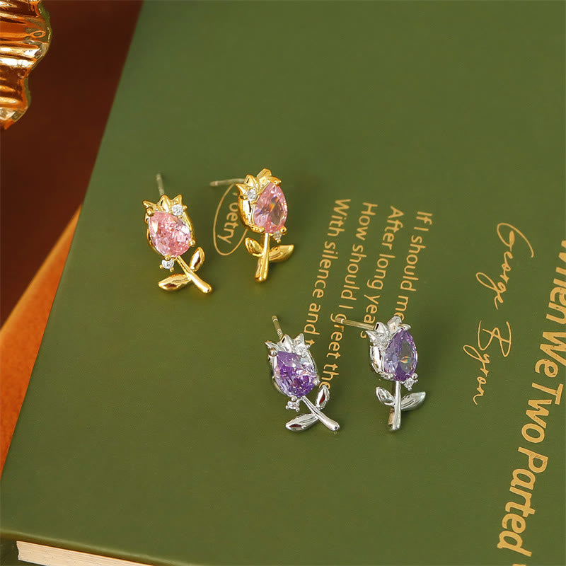 Buddha Stones Boucles d'oreilles puces en cuivre avec zircon rose et violet en forme de tulipe et de tulipe, pour une guérison optimale. - image 8