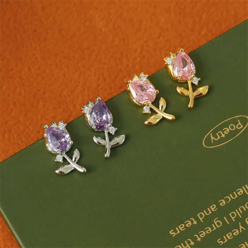 Buddha Stones Boucles d'oreilles puces en cuivre avec zircon rose et violet en forme de tulipe et de tulipe, pour une guérison optimale. - image 7