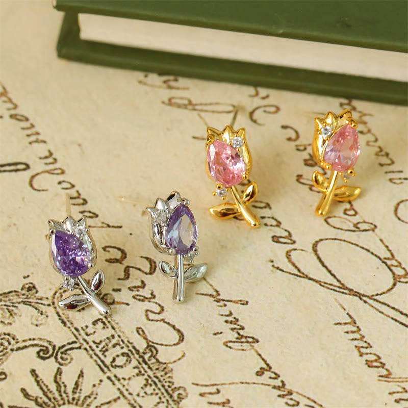 Buddha Stones Boucles d'oreilles puces en cuivre avec zircon rose et violet en forme de tulipe et de tulipe, pour une guérison optimale. - image 9