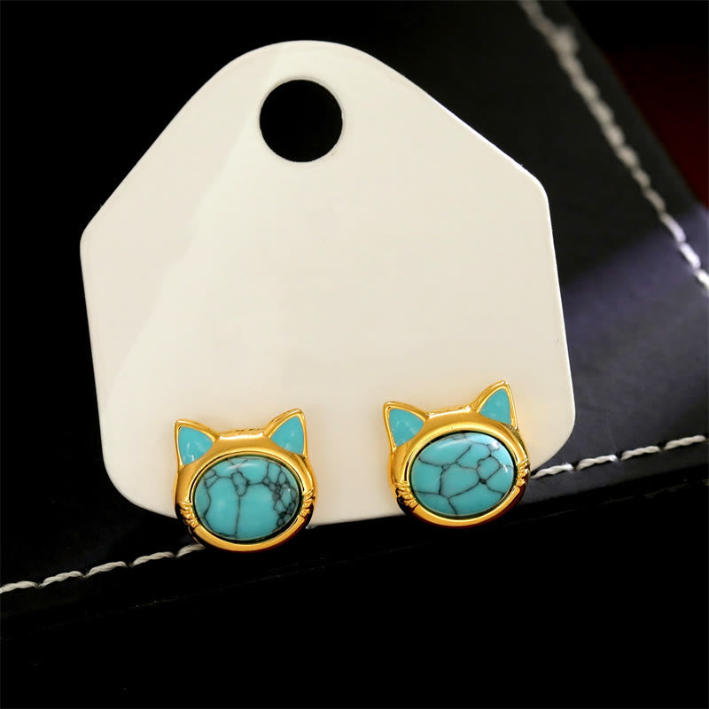 Buddha Stones Boucles d'oreilles puces en cuivre turquoise œil de tigre et tête de chat, avec motif de protection. - image 3