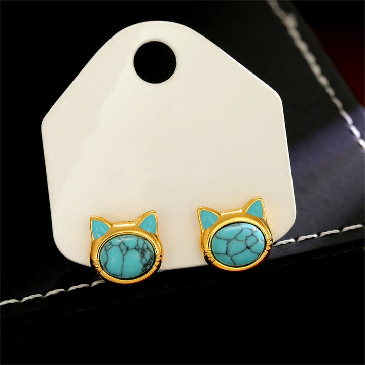 Buddha Stones Boucles d'oreilles puces en cuivre turquoise œil de tigre et tête de chat, avec motif de protection. - image 3