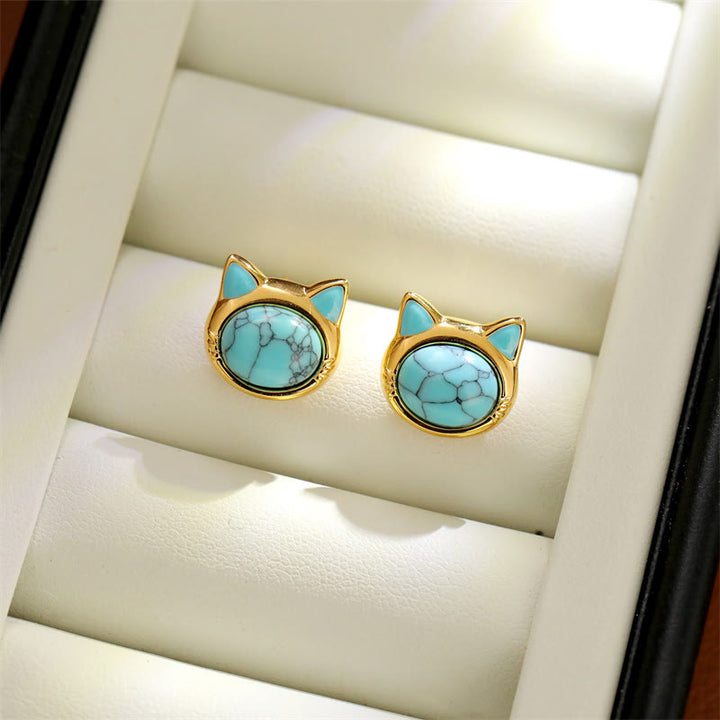 Buddha Stones Boucles d'oreilles puces en cuivre turquoise œil de tigre et tête de chat, avec motif de protection. - image 2