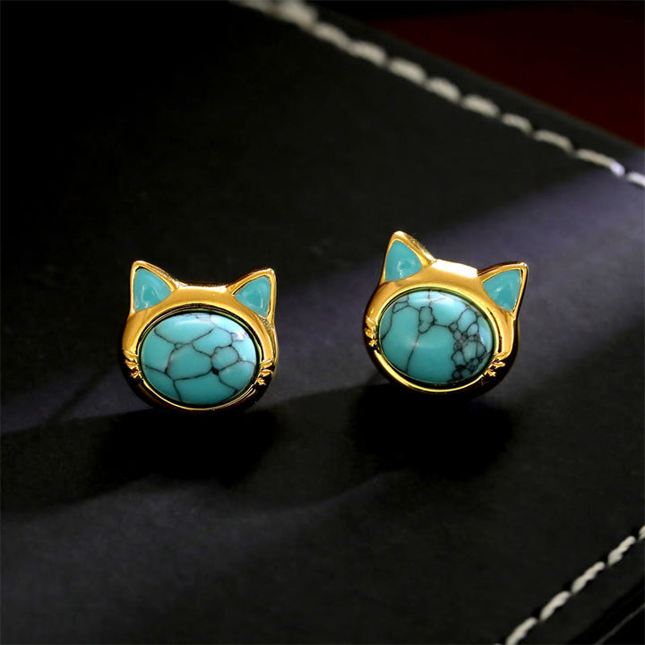 Buddha Stones Boucles d'oreilles puces en cuivre turquoise œil de tigre et tête de chat, avec motif de protection. - Turquoise (synthétique) (tiges en argent sterling 925) - image 1