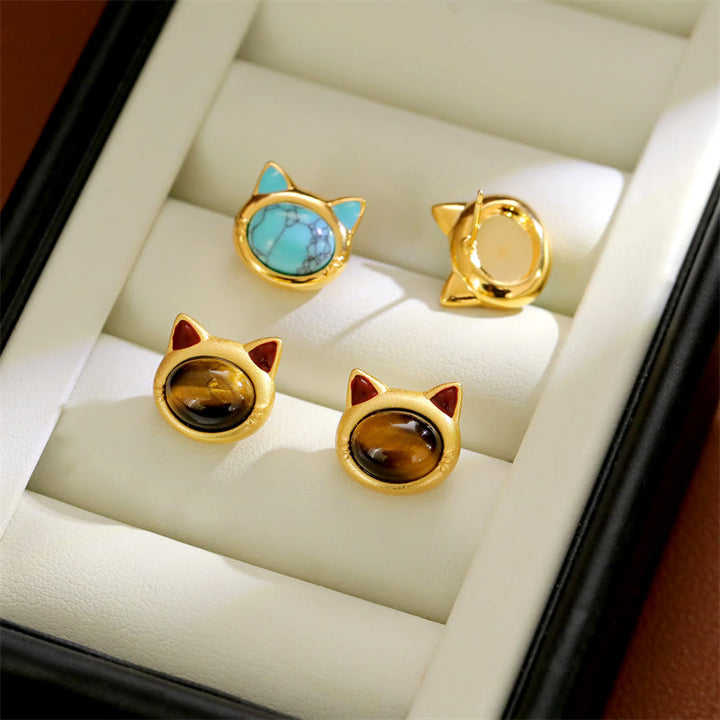 Buddha Stones Boucles d'oreilles puces en cuivre turquoise œil de tigre et tête de chat, avec motif de protection. - image 11