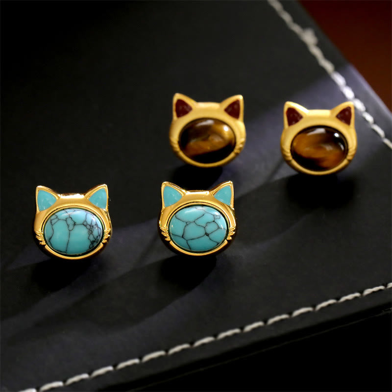 Buddha Stones Boucles d'oreilles puces en cuivre turquoise œil de tigre et tête de chat, avec motif de protection. - image 0