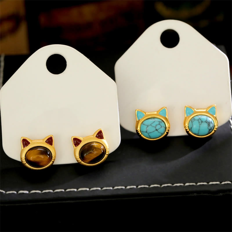 Buddha Stones Boucles d'oreilles puces en cuivre turquoise œil de tigre et tête de chat, avec motif de protection. - image 10